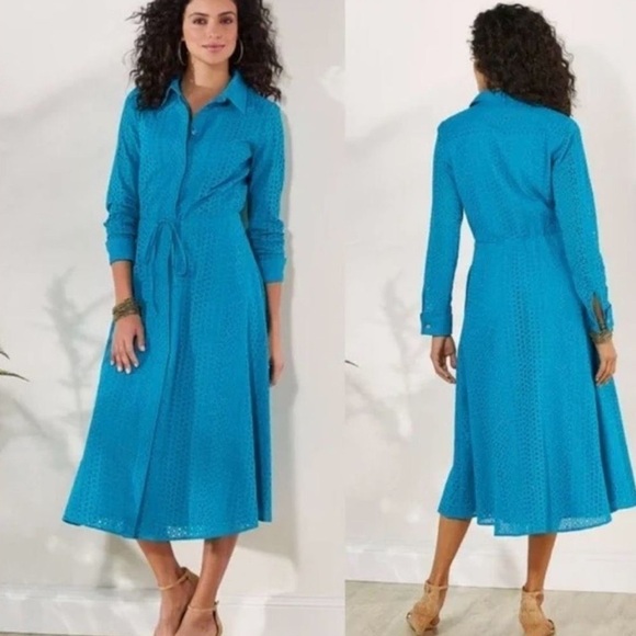 Soft Surroundings Blue Eyelet Long Sleeve Midi Dress Size XS